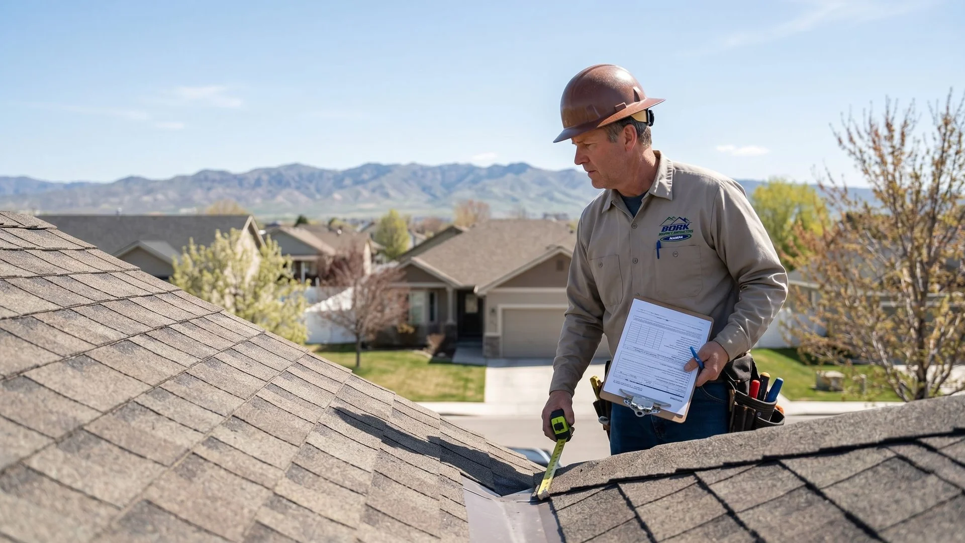 Roofer performing a seasonal inspection on an Idaho home