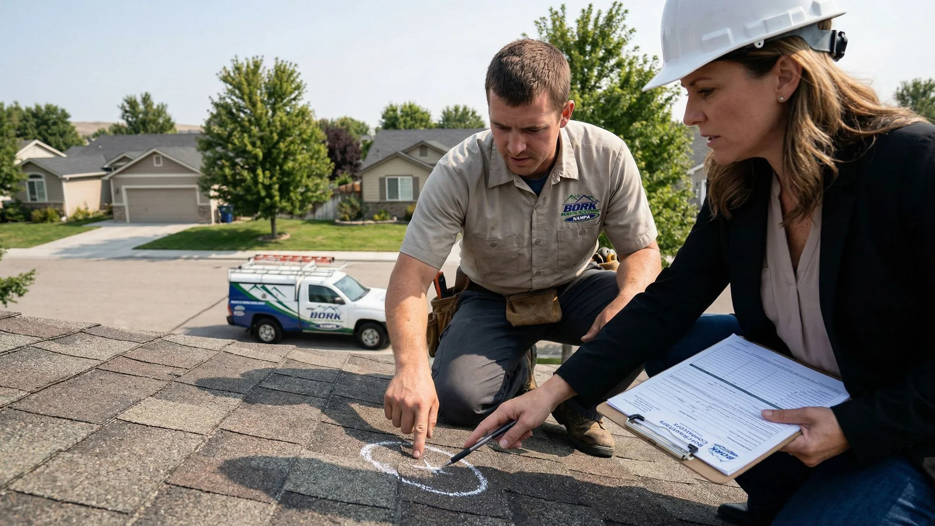 Roofer meeting with an insurance adjuster on a storm-damaged Idaho roof